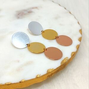 J. Crew Three Tier Silver Gold Rose Tone Stacked Flat Circle Dangle Earrings